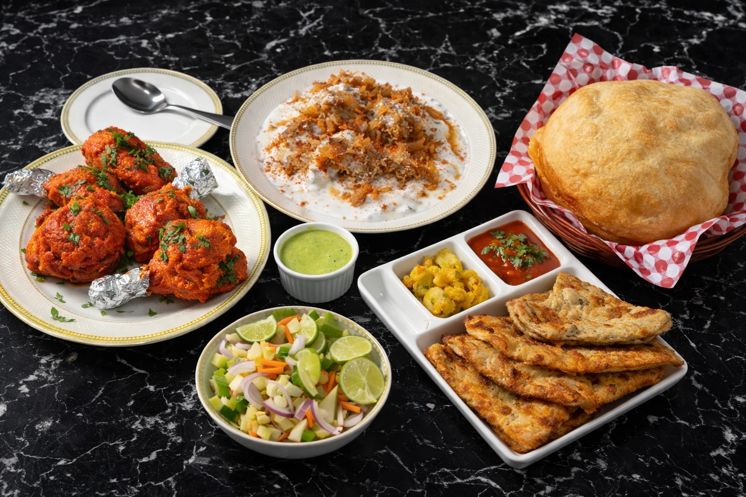 Fresh garlic naan bread with dal makhani and paneer butter masala at Apna Spicy Hut Logan Avenue